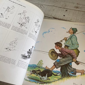 K&ouml;nnte beinhalten: Eine Schwarzwei&szlig;illustration eines Mannes und eines Jungen, die angeln, mit einem Hund, der vor ihnen rennt. Die Illustration stammt aus einem Buch mit dem Titel "Getting the Picture Idea" und zeigt die Schritte zur Erstellung der Illustration.