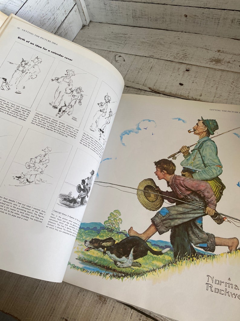K&ouml;nnte beinhalten: Eine Schwarzwei&szlig;illustration eines Mannes und eines Jungen, die angeln, mit einem Hund, der vor ihnen rennt. Die Illustration stammt aus einem Buch mit dem Titel "Getting the Picture Idea" und zeigt die Schritte zur Erstellung der Illustration.