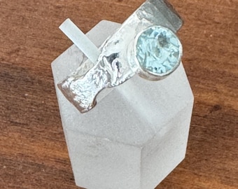 reticulated handmade sterling silver ring with aqua marine