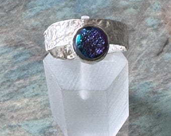 Handmade sterling silver reticulated rainbow titanium ring