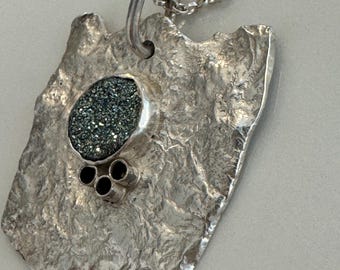 Reticulated Sterling Silver Kingfisher Druzy Pendant - Handmade