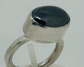 Hammered sterling silver handmade chunky ring with large oval hematite cabochon