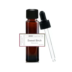 May include: A brown glass bottle with a black dropper cap and label. The label reads "Purely BLACK Essential Oils Sweet Birch Betula lenta 10ml 0.34 fl oz". Keep out of reach of children. For external use only. Must dilute for topical use. Store at room temperature.