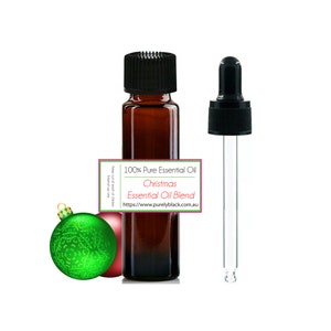 May include: A brown glass bottle with a black cap and dropper, filled with Christmas essential oil blend. The label reads "100% Pure Essential Oil Christmas Essential Oil Blend https://www.purelyblack.com.au".