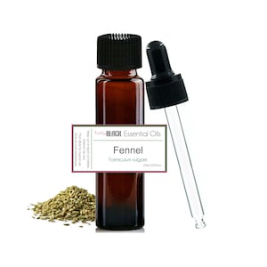 May include: A brown glass bottle of fennel essential oil with a black cap and a dropper. The label reads "Purely BLACK Essential Oils" and "Fennel". A small pile of fennel seeds is in the lower left corner. The bottle contains 10ml or 0.34 fl oz.