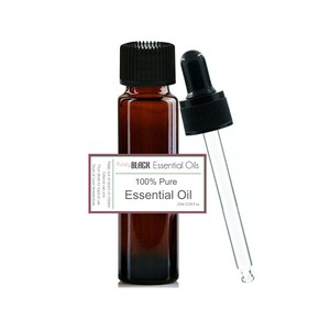 May include: A 10 ml (0.34 fl oz) amber glass bottle with a black dropper cap filled with 100% pure essential oil. The label reads "Purely BLACK Essential Oils 100% Pure Essential Oil 10ml 0.34 fl oz. Keep out of reach of children. External use only. Must dilute for topical use. Store at room temperature."