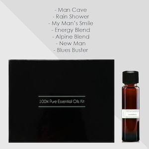 May include: A black box with the text "100% Pure Essential Oils Kit" and a small brown glass bottle with a black cap. The bottle has a label that says "100% Pure Essential Oil" and "purelyBlack".