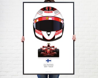 Cartel del casco de Kimi Raikkonen 2007 Ferrari F1 Grand Prix Champion Wall Art Poster Ilustración