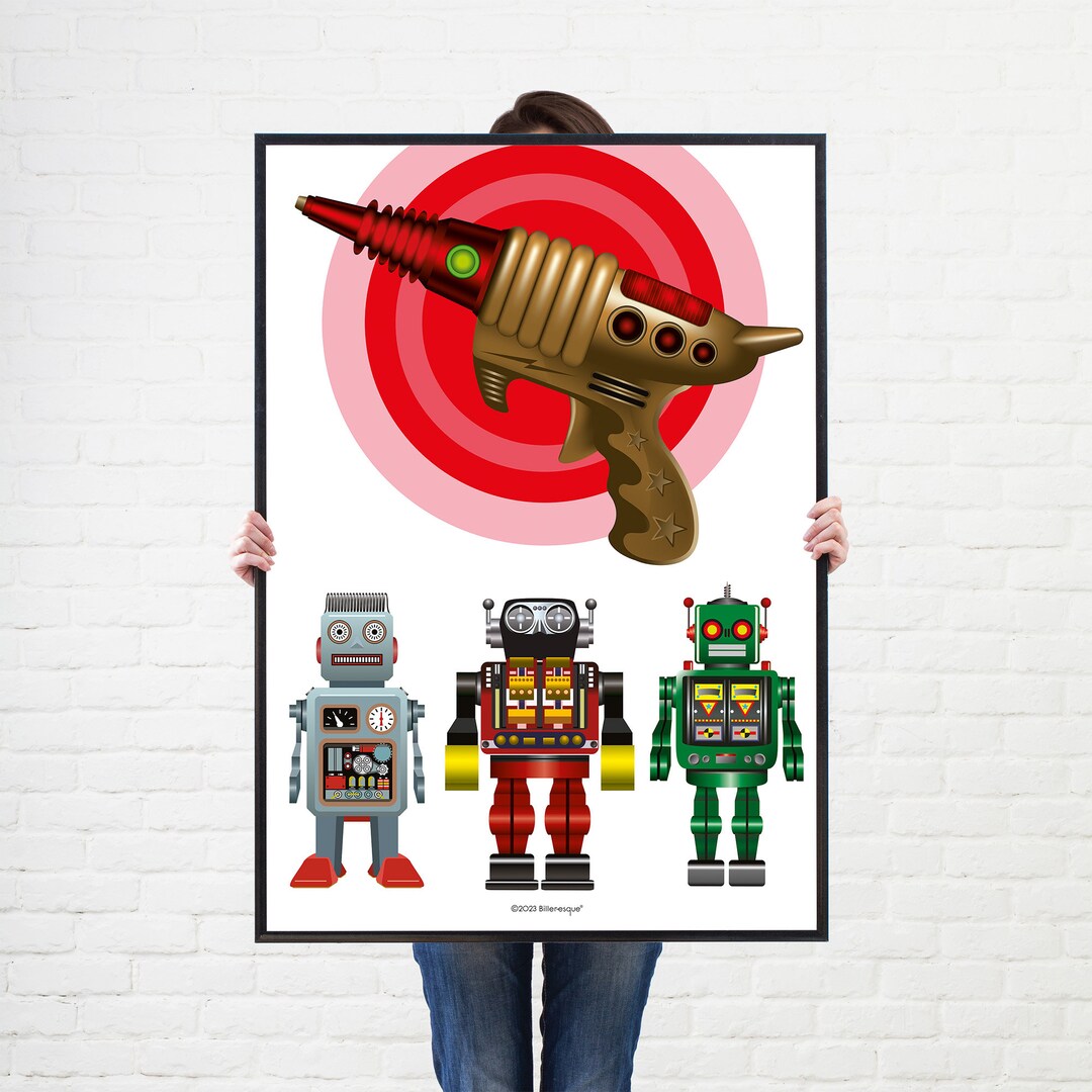 High Definition Retro Robot Trio With Their Laser Gun Beautifully