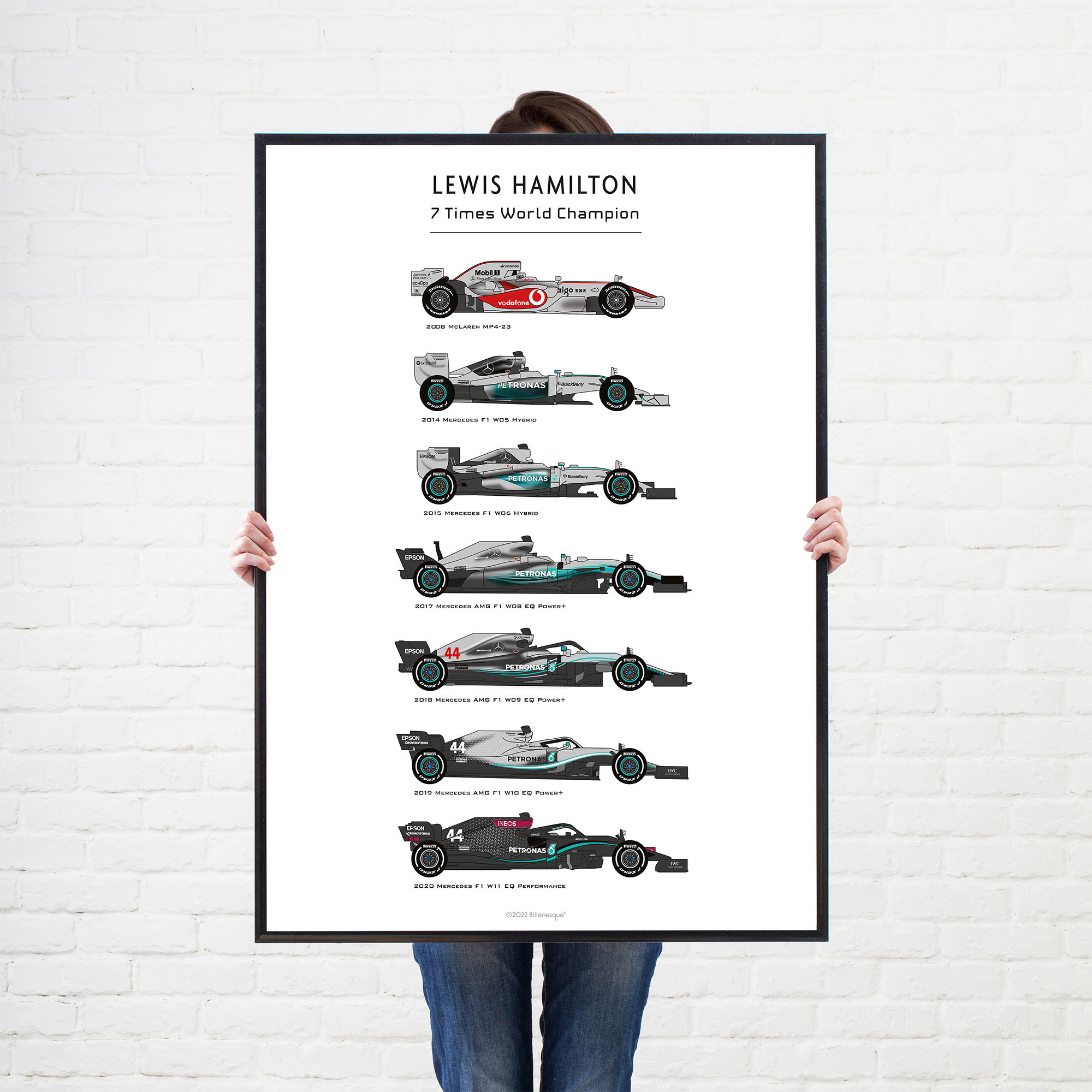 Lewis Hamilton 7 cars world championship poster - Formula 1 wall print