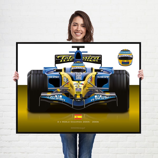 Formule 1 Classique - Fernando Alonso - Champion du Monde 2006 - Voiture de Course Renault - Grand Prix F1 Wall Art Poster Illustration