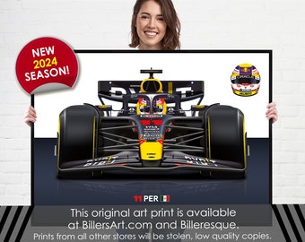 Fórmula 1 Sergio Pérez último coche de carreras Red Bull 2024 - Ilustración del cartel de arte mural del Gran Premio de F1