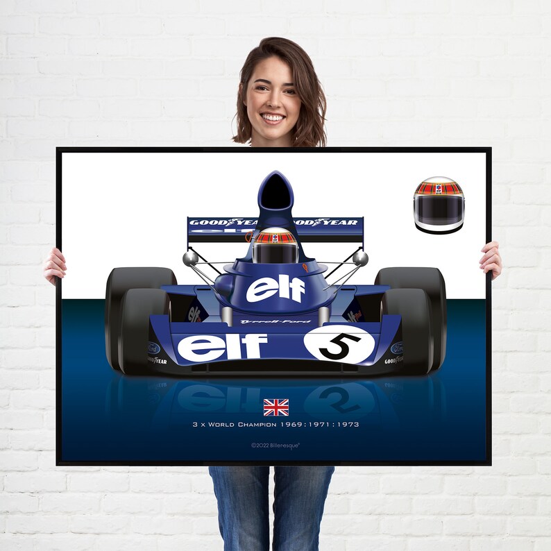 Formula 1 Classic Jackie Stewart 1973 World Champion Tyrrell Racing Car F1 Grand Prix Wall Art Poster Illustration image 1