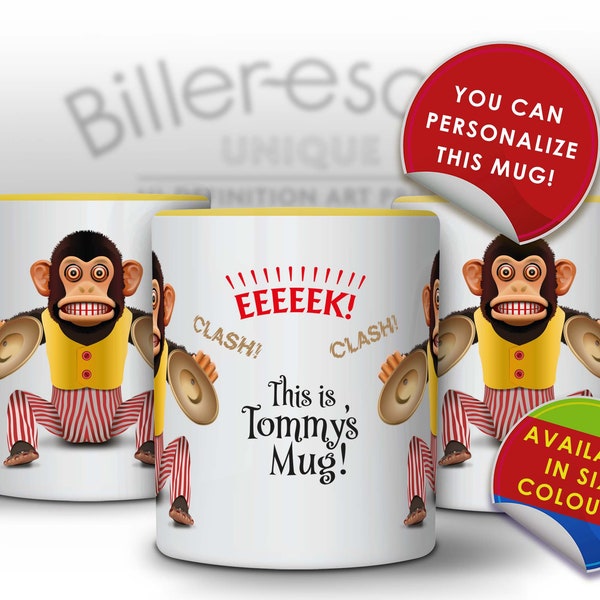 Personalised Coloured Clapping Monkey Mug, Monkey Cymbals gift - Christmas present mug - Animal gift - Monkey mug