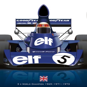 Formula 1 Classic Jackie Stewart 1973 World Champion Tyrrell Racing Car F1 Grand Prix Wall Art Poster Illustration image 2