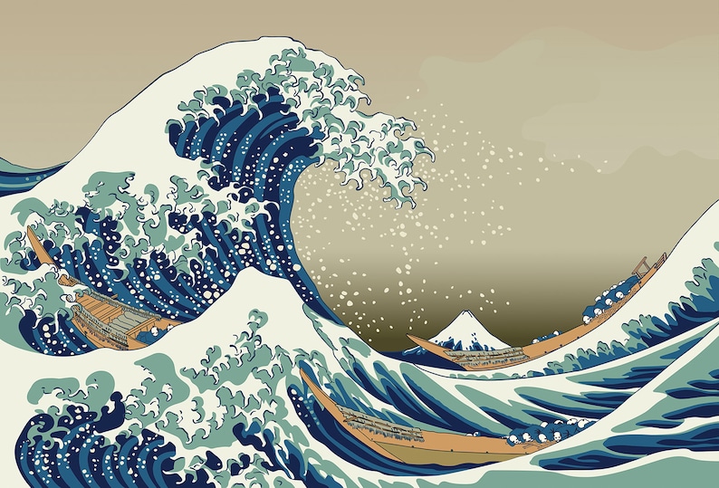 The Great Wave Wallpaper by Hokusai Re-illustrated Mural Wall - Etsy