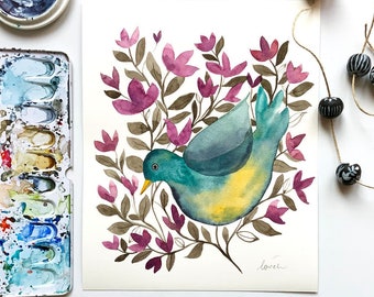 Original watercolor painting bird, Bird wall Art, Animal Watercolor Wall Art, Botanical painting,  Original Bird Illustration, Bird artwork