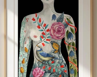 Feminine watercolor wall art print, Spiritual art, Whimsical woman illustration, Inspirational artwork, Healer art gift