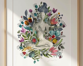 Large yoga art print for meditation room or yoga studio wall decor. Spiritual wall art with plants and flowers. Watercolor Yoga painting