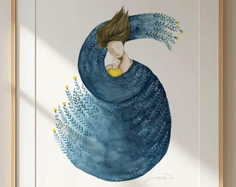 Motherhood painting: Mum and baby wall art print, Mother and son illustration print,  Doula gift, Mother baby bond art, Pregnancy art gift
