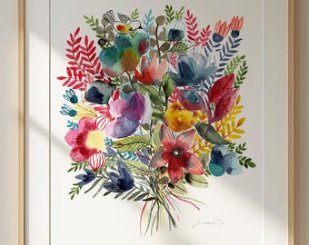 Watercolor flowers and bird print, Colorful floral painting, Large watercolor wall art of wildflowers bouquet, Spring artwork