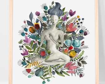 Yoga art print, Yoga wall decor, Divine feminine wall art, Yoga studio decor, Yoga watercolor illustration with flowers, Inner heart