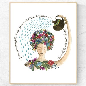 Zelfzorg mindful kunst aan de muur, hou van jezelf print, spirituele kunst voor vrouwen, moeder natuur schilderij, zelfgenezing en groei, inspirerend vrouwelijk