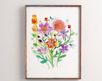 Impresión de arte de flores de acuarela, impresión botánica moderna, pintura floral, cartel de arte floral colorido, flores de naranja púrpura, impresión de arte de primavera