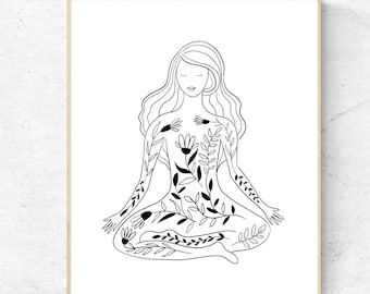 Zwart-wit yoga kunst print, Yoga meditatie print, Yoga poster, Meditatie kunst aan de muur, Adem print, Yoga studio decor, Asana muur print