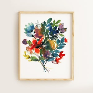 Bloemen kunstprint, aquarel bloemsierkunst, 11x14 bloemenschilderij, wilde bloemen boeket print, rode en blauwe bloemen, botanische muurkunst, inkt afbeelding 1