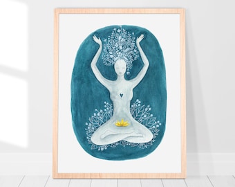 Yoga wall art decor print for meditation room, Yoga studio poster, Floral yoga pose illustration, Sukhasana Pose, Yoga watercolor wall art