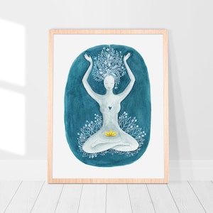 Yoga wall art decor print for meditation room, Yoga studio poster, Floral yoga pose illustration, Sukhasana Pose, Yoga watercolor wall art