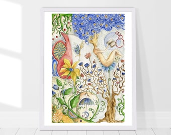 Whimsical Wall Art, Colorful Illustration Print, Tree Watercolor Wall Art Print, Colorful Artwork, Living Room Art, Flowers Watercolor