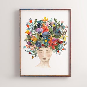 Mother earth wall art print, Floral watercolor print, Spiritual woman painting, Mother nature art, Spring flowers artwork, Nature painting