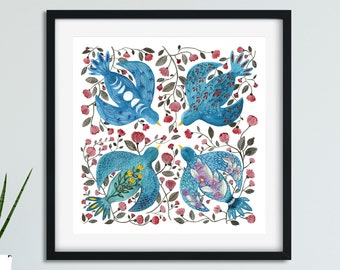 Folk Birds Print, Blue Birds Illustration, Modern Bird Art Print, Watercolor Birds Poster, Square Watercolor Print, Bird Lover Gift