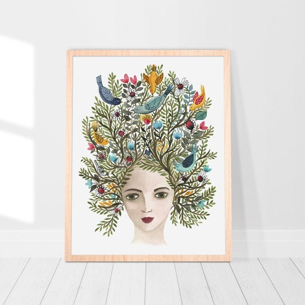 Watercolor Nature goddess art print, Woman with flowers, Fairy tale art print, whimsical wall art, Feminine art, Peaceful, Lady wall print
