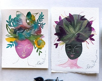 Pintura en acuarela, acuarela madre naturaleza, acuarela original, Conjunto de 2 cuadros, Arte femenino, Arte rosa y violeta, cuadro pequeño