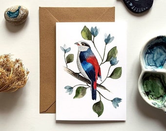 Aquarel vogelkaartpakket, wenskaart voor elke gelegenheid, natuurkaart, natuurkaart, 3 kaartenpakket, bloemen en vogels, lentekaart, rode vogel