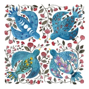 May include: Four blue birds with intricate floral patterns are depicted against a white background. The birds are surrounded by delicate branches and red flowers. Each bird has a unique design, including a moon and stars, yellow flowers, purple flowers, and a more abstract floral pattern.