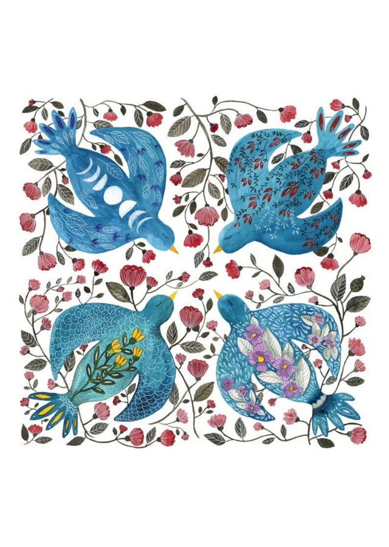 May include: Four blue birds with intricate floral patterns are depicted against a white background. The birds are surrounded by delicate branches and red flowers. Each bird has a unique design, including a moon and stars, yellow flowers, purple flowers, and a more abstract floral pattern.