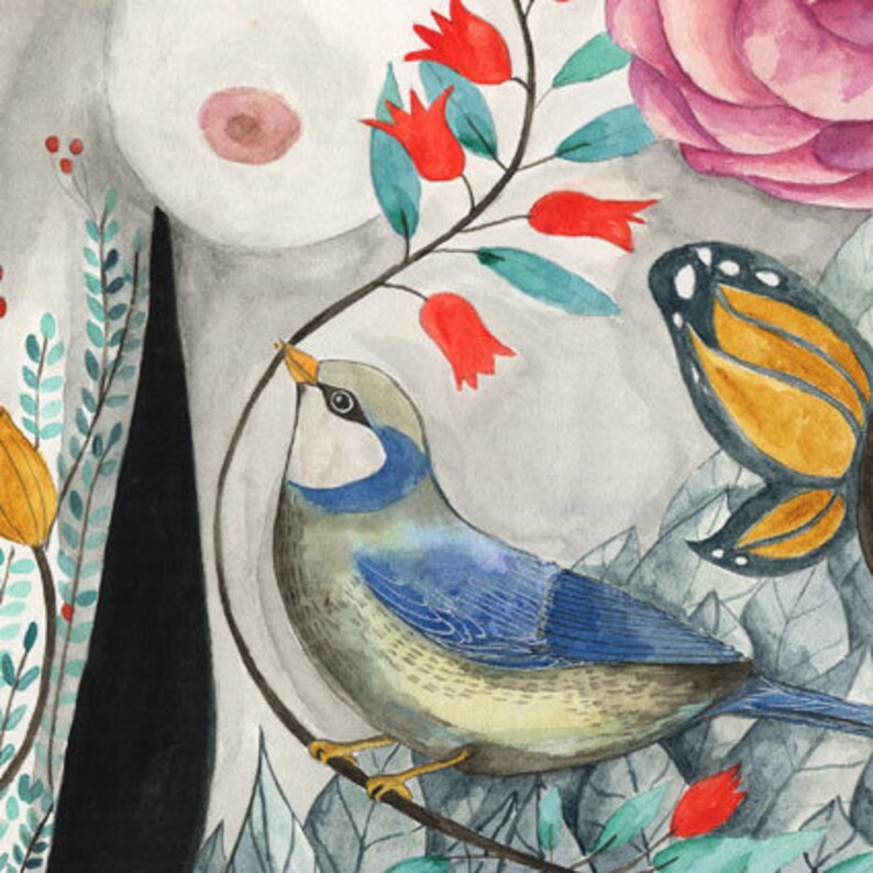 May include: A watercolor painting of a blue bird perched on a branch with red flowers and a butterfly. The bird is facing left and has a light blue breast and a dark blue back. The flowers are red and have a bell shape. The butterfly is orange and black and has its wings spread open.