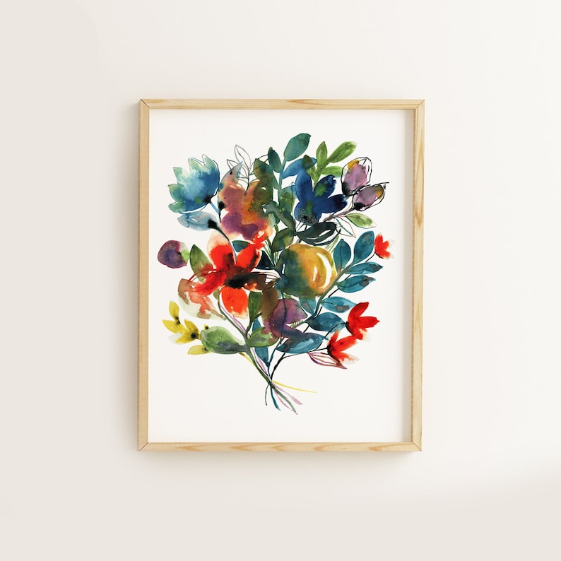 Bloemen kunstprint, aquarel bloemsierkunst, 11x14 bloemenschilderij, wilde bloemen boeket print, rode en blauwe bloemen, botanische muurkunst, inkt afbeelding 1