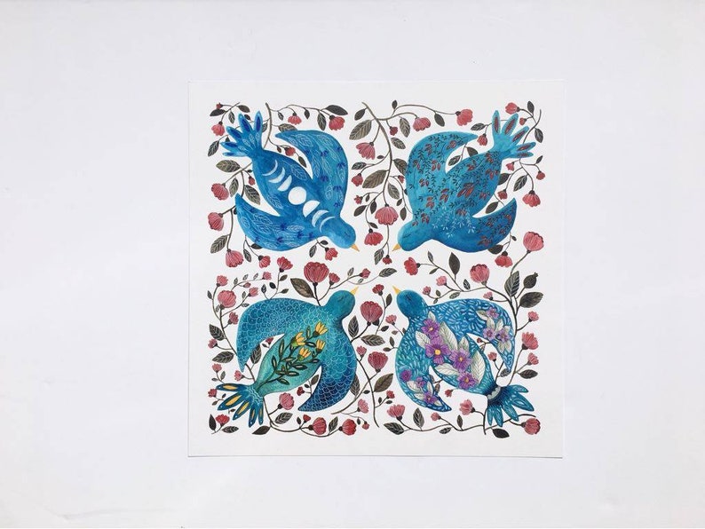 May include: Four blue birds with floral patterns are depicted in a square frame. The birds are surrounded by pink flowers and green leaves. The birds are facing each other and appear to be singing.