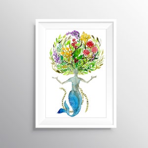 Mermaid print, Watercolor mermaid wall art, Floral mermaid, Mermaid goddess artwork, Whimsical mermaid painting, Mythological wall print image 2