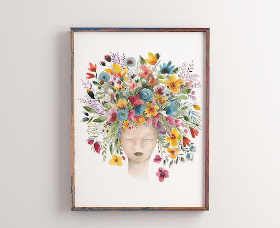Mother nature art print woman with flowers watercolor wall art. Floral woman print. Peaceful wall art. Mother Earth wall art print
