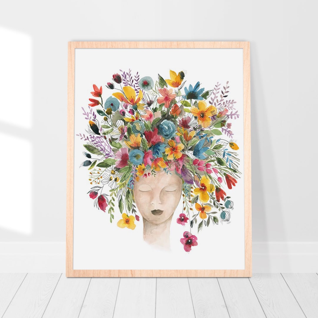 Mother Nature Art Print Woman With Flowers Watercolor Wall Art. Floral ...