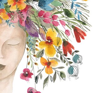 May include: Watercolor painting of a woman's face with a floral crown of pink, yellow, orange, red, blue, and purple flowers. The flowers are painted in a loose, impressionistic style.