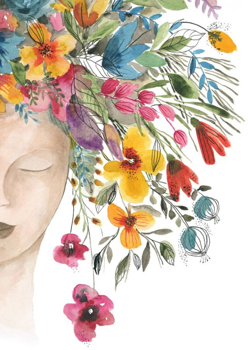 May include: Watercolor painting of a woman's face with a floral crown of pink, yellow, orange, red, blue, and purple flowers. The flowers are painted in a loose, impressionistic style.