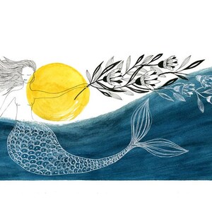 Impression d'art sirène, peinture sirène bleue, impression aquarelle de mer, impression océan, art de la salle de bain, art bleu et jaune, art sirène, art mural 11 x 14