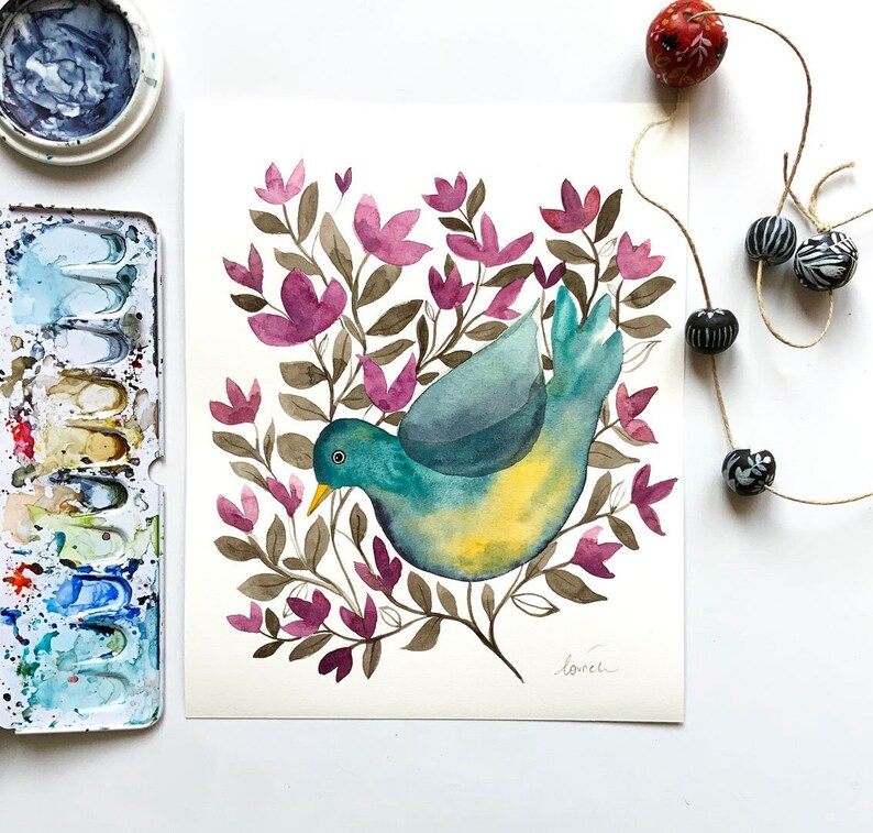 Original watercolor painting bird, Bird wall Art, Animal Watercolor Wall Art, Botanical painting, Original Bird Illustration, Bird artwork image 1